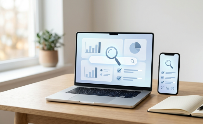 Laptop and smartphone displaying abstract AI search interface elements representing Google's new AI study tools.