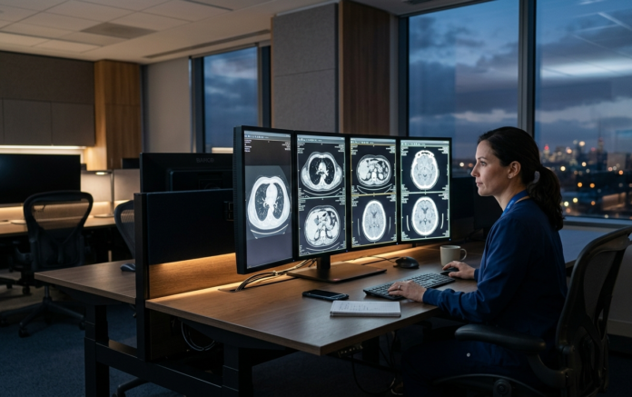 Radiologist at a modern, unified multi-screen workstation displaying diagnostic imaging in a softly lit reading room.