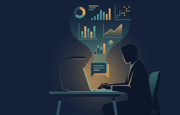 Abstract illustration of a person conversing with an AI interface that transforms spreadsheet data into charts and graphs