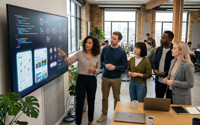 Product, design, and marketing professionals collaborating around a screen showing code and interface mockups, representing AI-assisted software development.