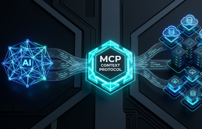 3D isometric illustration of an AI agent context bridge connecting cloud databases and enterprise APIs using the Model Context Protocol