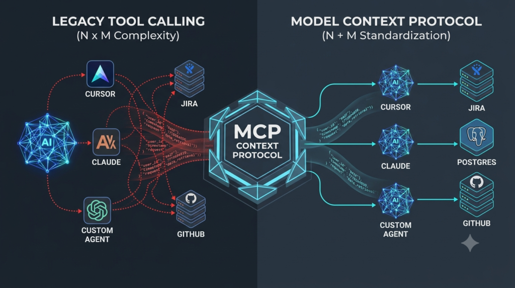 Comparative architectural diagram contrasting fragile N x M legacy API wrappers with streamlined N + M Learn Model Context Protocol with Python integration