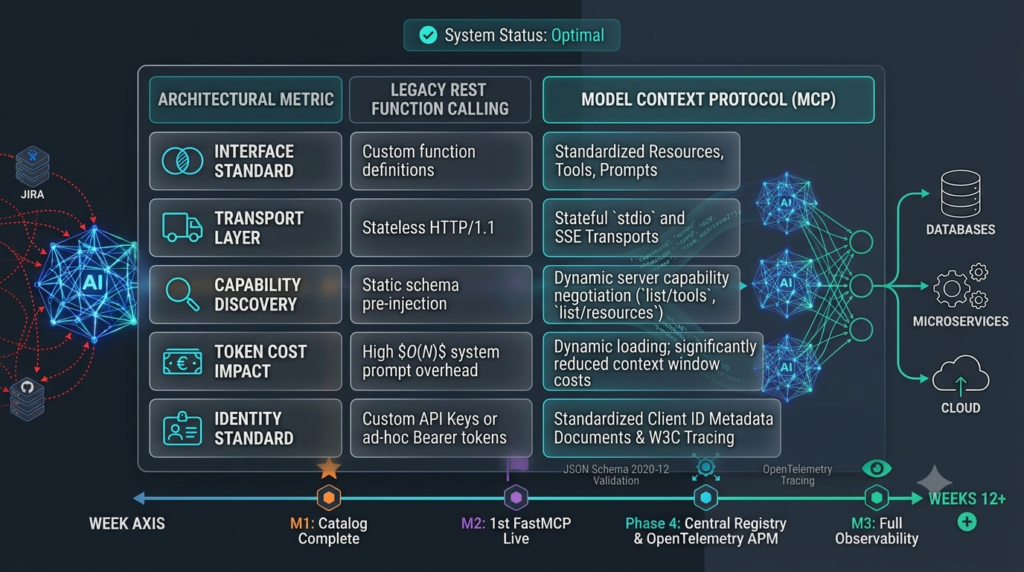 Comparison matrix evaluating Model Context Protocol against traditional REST tool calling across security, token efficiency, and transport specs