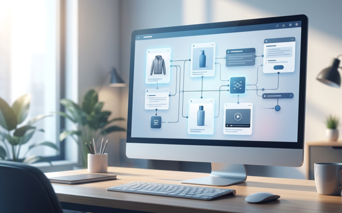Conceptual illustration of an AI-powered node-based video and image generation canvas for e-commerce content creation.