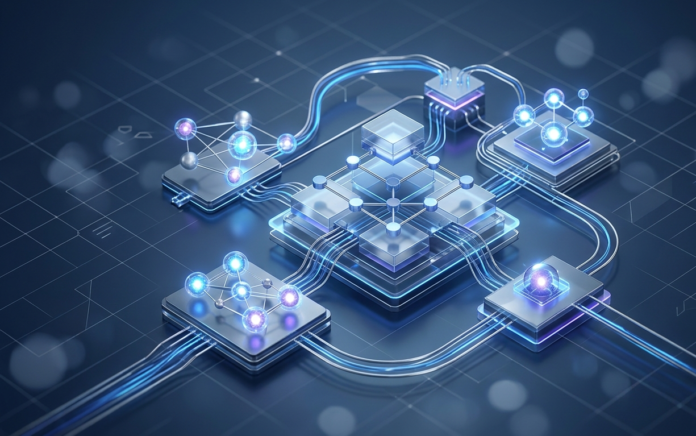 Abstract illustration of an AI agent architecture with interconnected glowing nodes representing memory, planning, and evaluation loops.