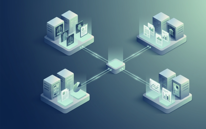 Abstract illustration of federated learning showing multiple connected data nodes representing separate institutions collaborating on AI model training without sharing raw data.
