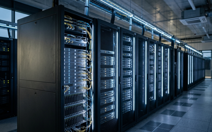 Rows of server racks with blue LED lighting in a modern AI data center, representing rack-scale computing infrastructure.