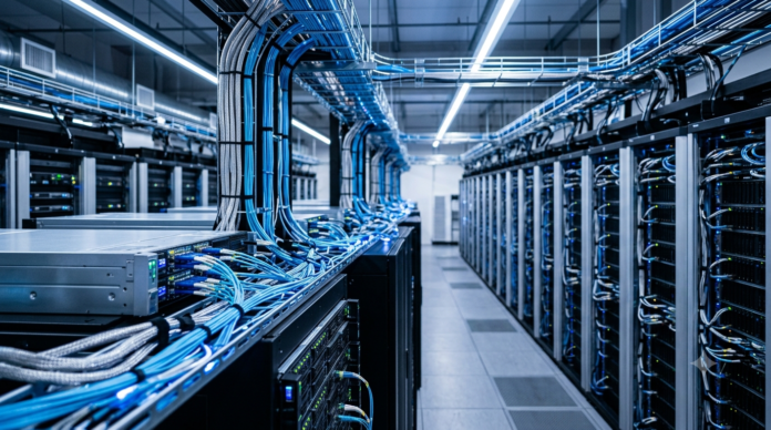 Rows of AI data center server racks connected by high-speed networking cables, representing interconnect infrastructure central to AI factory architecture.