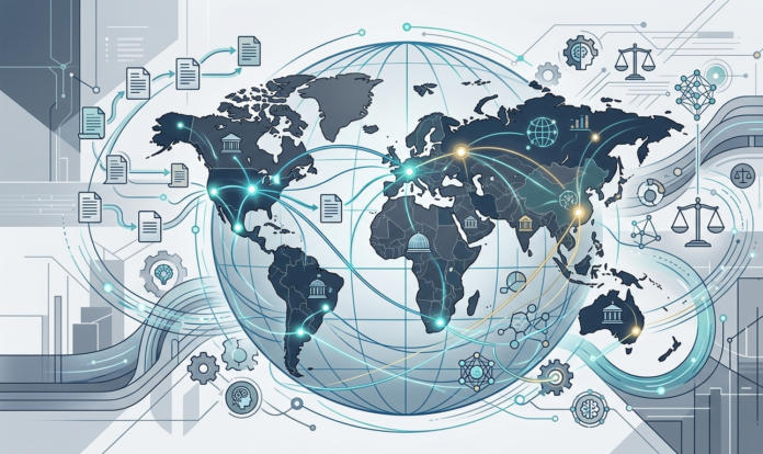 Abstract illustration of a connected global network representing independent research institutions studying AI's economic and societal impact.