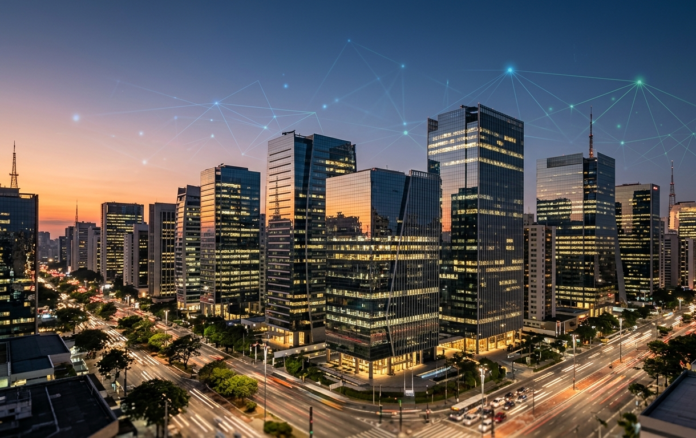 São Paulo city skyline at dusk representing OpenAI's new commercial operations in Brazil