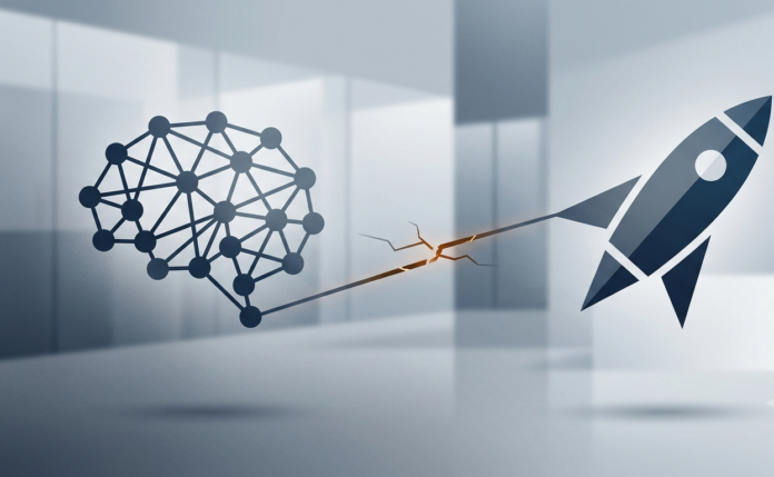 Abstract illustration symbolizing a severed connection between an AI network and a rocket, representing OpenAI's contract termination with Cursor after its acquisition by SpaceX.