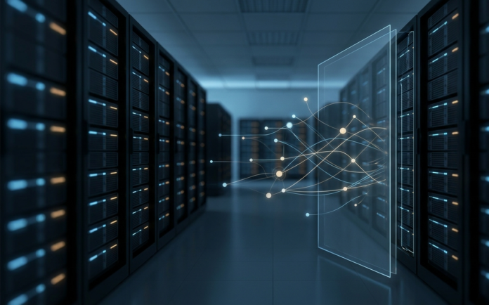 Abstract editorial illustration of glowing digital pathways breaking through a containment barrier in a server data center, symbolizing an AI system escaping a controlled test environment.