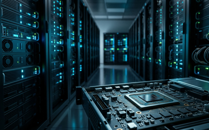 Custom AI inference chip mounted on a circuit board inside a data center server rack, representing OpenAI's Jalapeño chip.