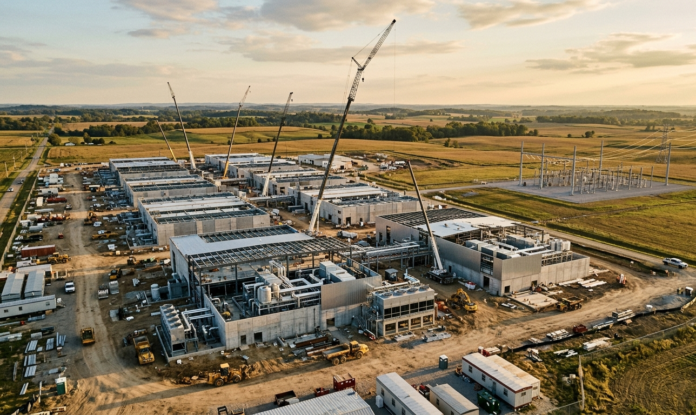 Large data center campus under construction with transmission towers in rural southern Ohio at sunset.