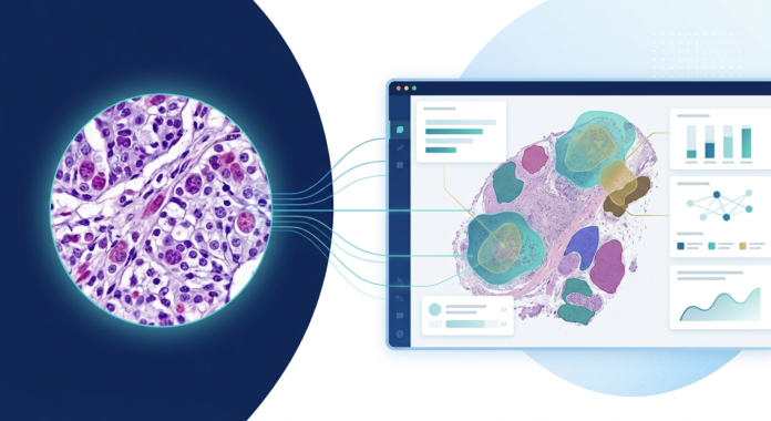 Digital illustration of AI-assisted pathology showing a microscope tissue slide transitioning into a digital whole-slide image with highlighted regions of interest.