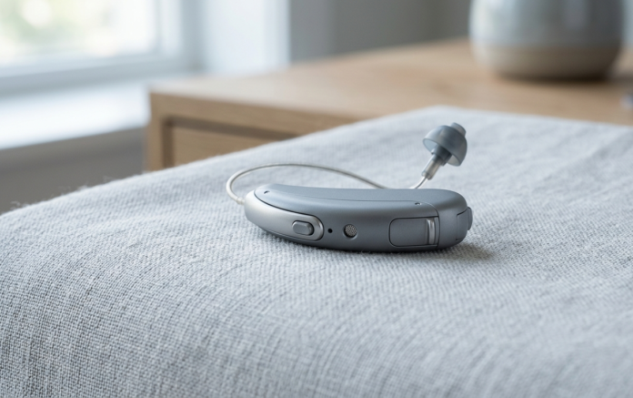 Close-up of a modern receiver-in-canal hearing aid representing AI-powered speech-in-noise technology