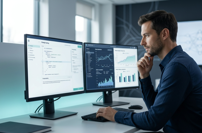 Prompt Engineer working with AI language models on a dual-monitor workstation in a modern technology office.