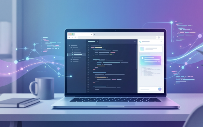 Abstract editorial illustration representing AI-powered software development and free access to coding assistance.