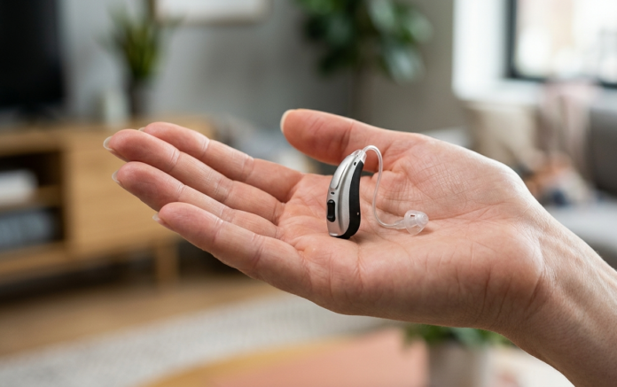 Small modern hearing aid resting in an open palm, representing GN's ReSound Sensia AI hearing aid launch