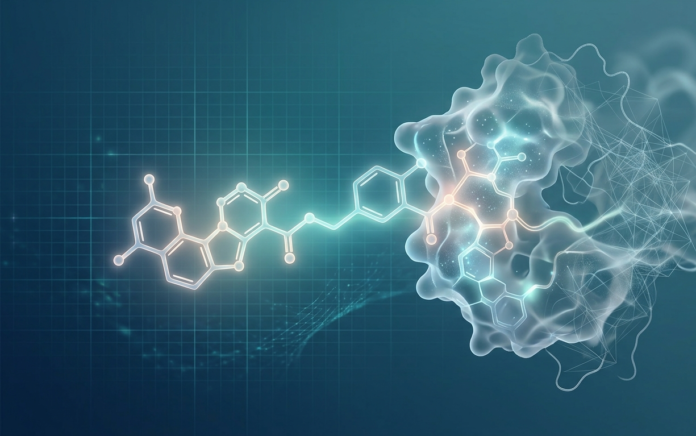 Abstract illustration of a glowing molecular compound connecting to a partially defined protein structure, representing AI-driven drug discovery without a solved protein structure.