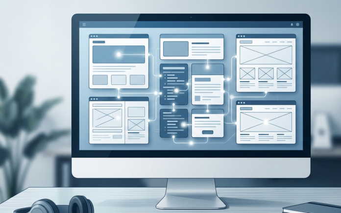 Abstract illustration of AI agents working within a content management system interface, representing Progress Sitefinity's new agentic AI features.