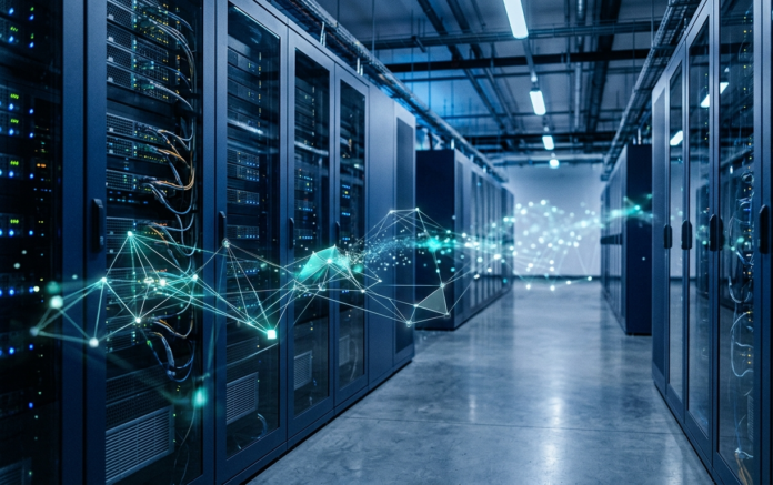 Abstract data-center corridor with a translucent network overlay, representing AI system evaluation in enterprise infrastructure.
