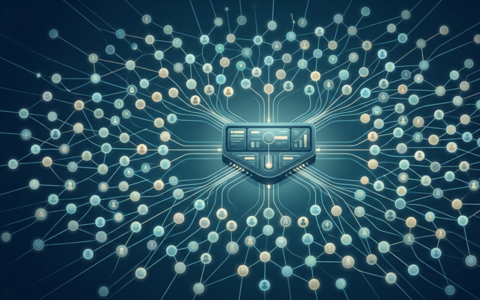 Abstract illustration of interconnected glowing nodes representing individual customer AI models converging into a central enterprise data system.
