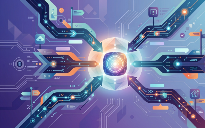 Abstract illustration of one app icon splitting into several diverging paths,