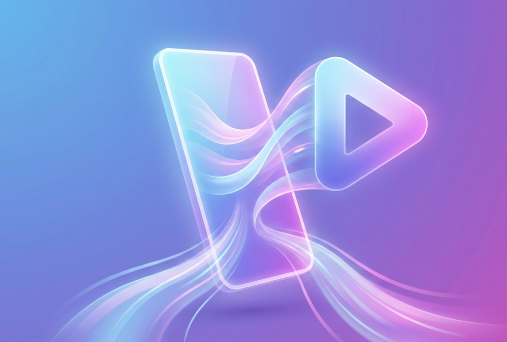 Abstract illustration of a glowing screen with light transforming into a video icon, representing AI-generated video creation. Vibes ai