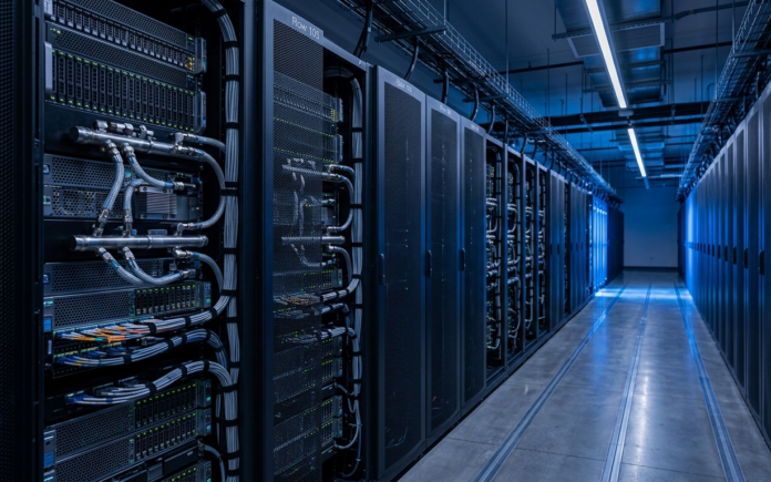 Rows of liquid-cooled AI server racks in a data center, representing next-generation rack-scale AI infrastructure.
