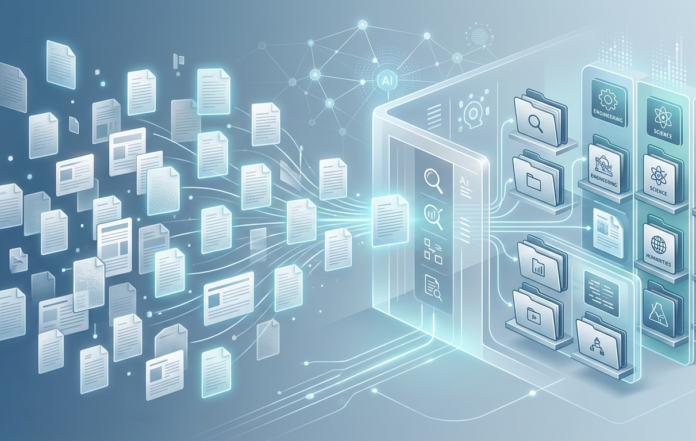 Abstract illustration of research documents being organized into categorized digital folders, representing a curated AI agent research repository.