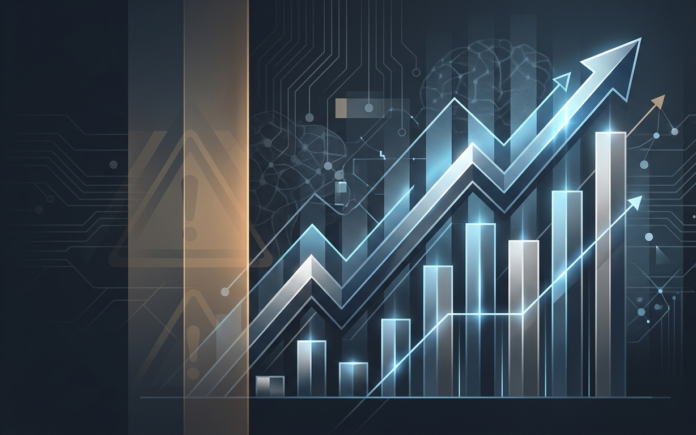 Abstract editorial illustration of a rising performance chart representing xAI's Grok-2 AI model launch and its associated safety concerns.