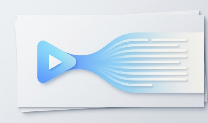 Abstract illustration of a video play icon transforming into flowing lines of text, representing video-to-transcript conversion