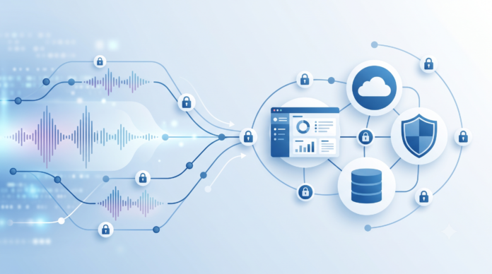 Abstract illustration of secure, connected enterprise software systems representing AI voice platform integration and compliance.