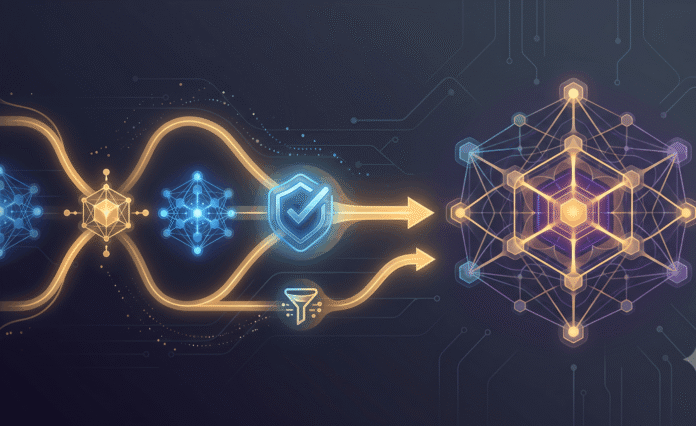 Abstract illustration of two connected AI network nodes representing a cost-efficient routing strategy between a smaller and a larger AI model.