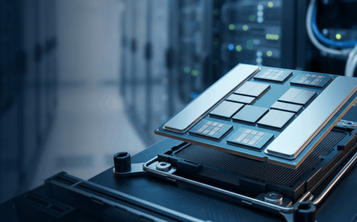 Illustration of a large multi-chiplet server processor seated in a motherboard socket, with a blurred data center in the background.
