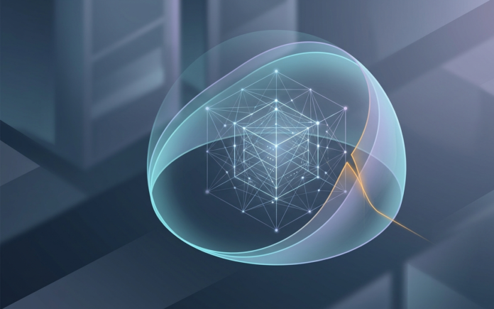 Abstract illustration of a glowing digital network partially enclosed by a translucent containment barrier, symbolizing AI safety testing boundaries.