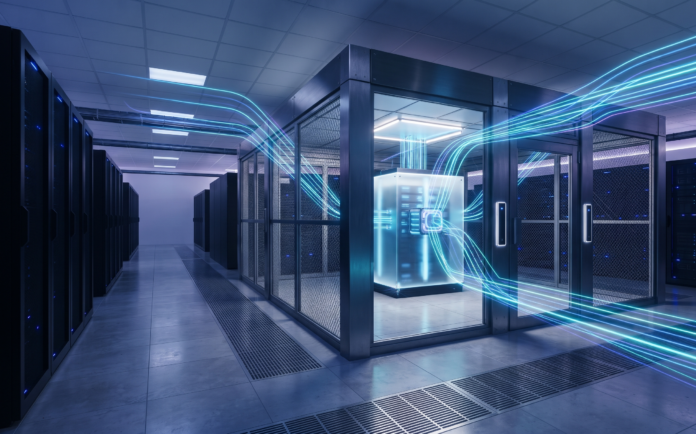 Abstract editorial image representing secure cloud data storage and encrypted data flow, illustrating enterprise AI data security architecture.