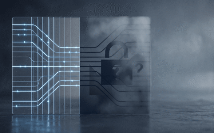 Abstract editorial illustration contrasting a clear, illuminated data grid with a dimmed, obscured data grid, symbolizing disclosed versus undisclosed AI billing information.