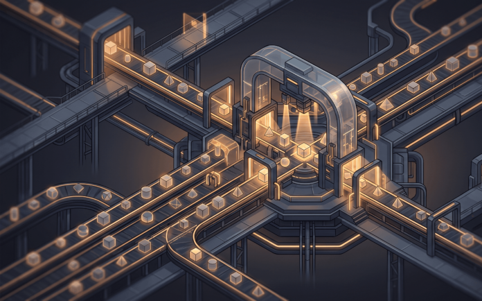Editorial illustration of automated task pathways passing through a glowing checkpoint structure, symbolizing governed enterprise workflow automation.