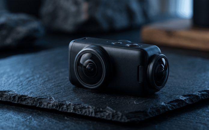 Compact 360-degree action camera with dual lenses shown in a dim, moody low-light setting.