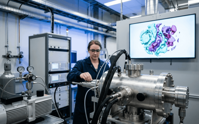 Scientific X-ray beamline laboratory with a researcher and a monitor displaying a colorful 3D volumetric scan visualization.