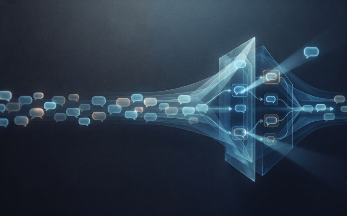 Abstract illustration of digital message streams passing through a monitoring filter, representing AI prompt-content security analysis.