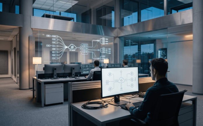 An AI systems architect reviewing cloud endpoint flow diagrams on a wide workstation display.