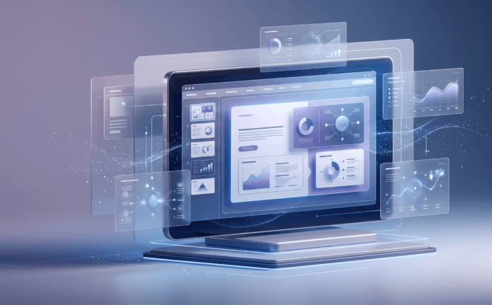 Abstract editorial illustration representing an AI model generating a digital presentation deck, symbolizing specialized AI for slide generation.