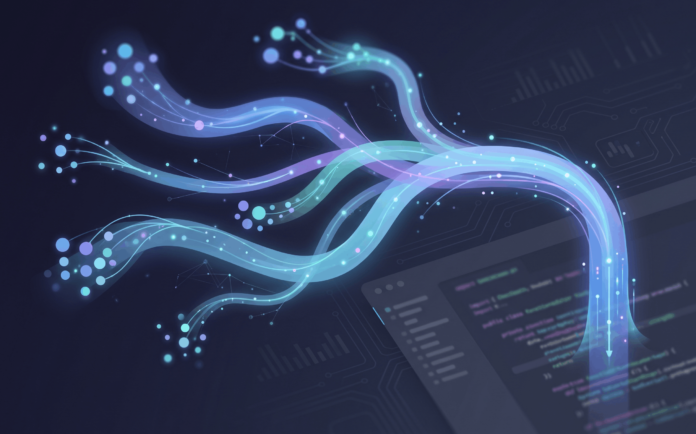 Abstract illustration of multiple glowing AI pathways converging above a code editor, representing multi-model orchestration.