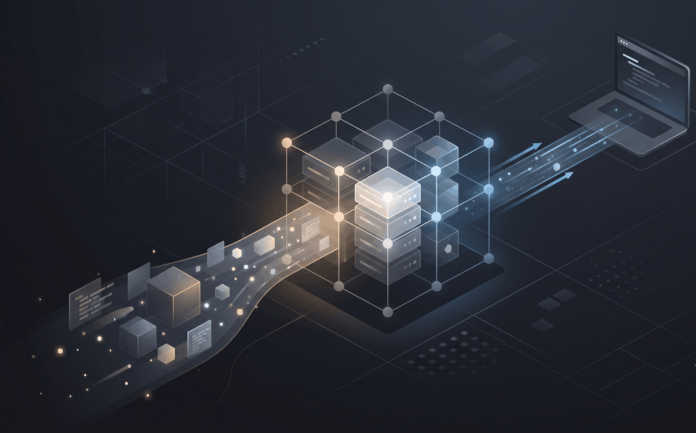 Abstract editorial illustration of two data flows representing cache write and cache read paths in a cloud computing system.