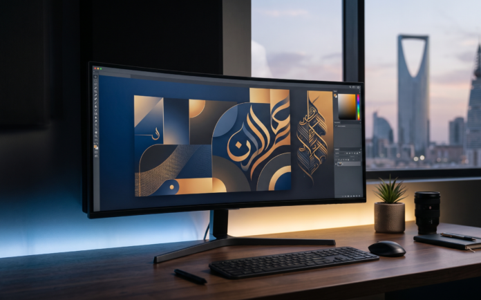 Modern creative studio workspace with an abstract AI software interface on screen, symbolizing Luma AI's planned Arabic-language interface launch.