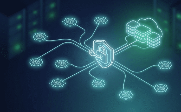 Abstract illustration of secure, authenticated connections between AI tools and a cloud database, symbolizing OAuth-based access control.