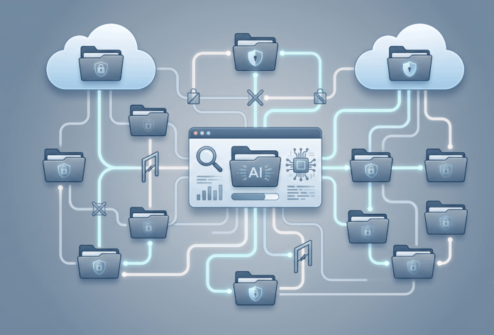 Abstract illustration of secure folder hierarchy and access control representing enterprise data permission management.